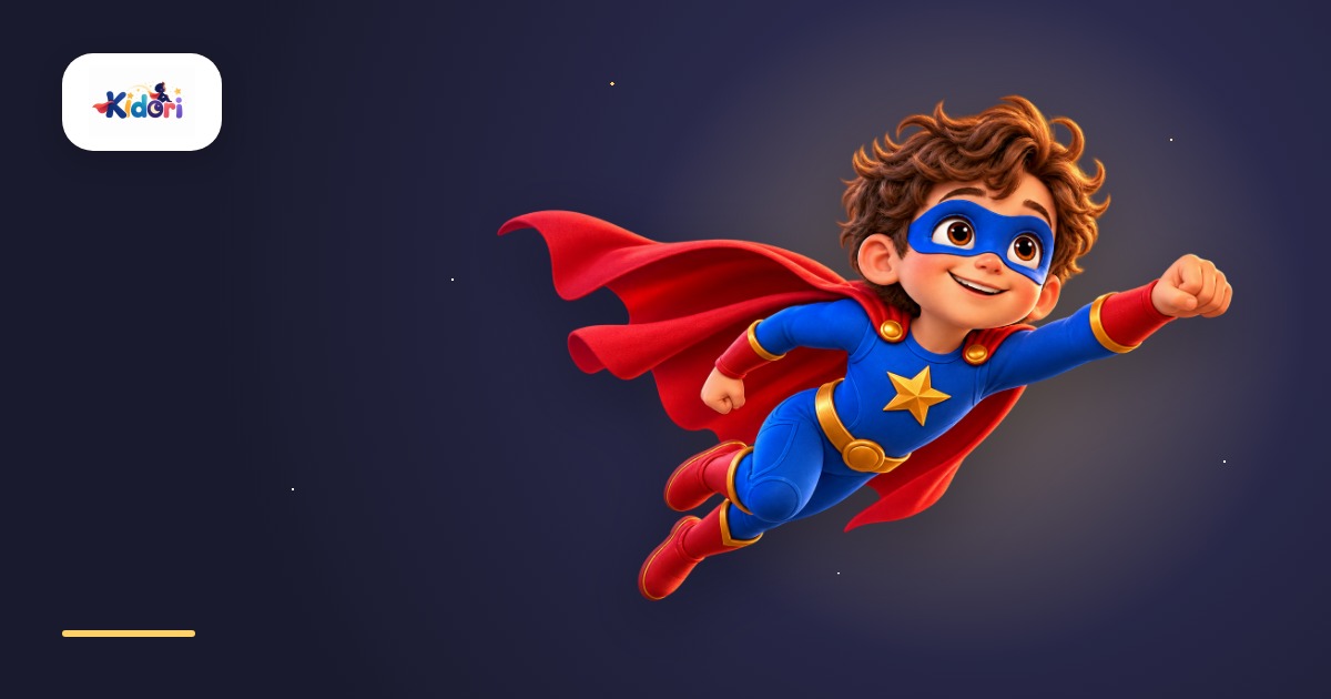Een vliegende superheld met een rode cape boven een nachtelijke sterrenhemel.