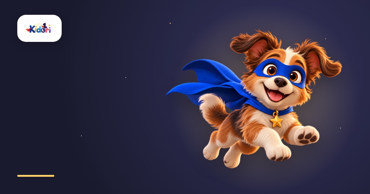 Een vliegende superhond met een cape tegen een nachtelijke lucht vol sterren.
