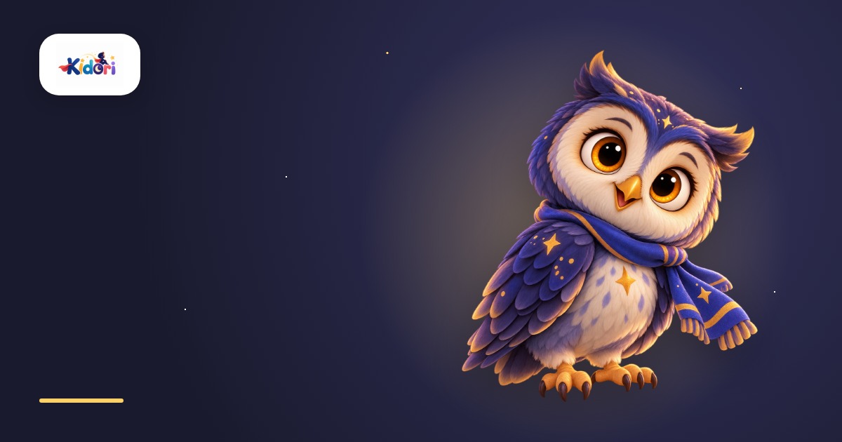 Een vriendelijke uil met grote ogen en een sterrensjaal tegen een nachtelijke lucht.