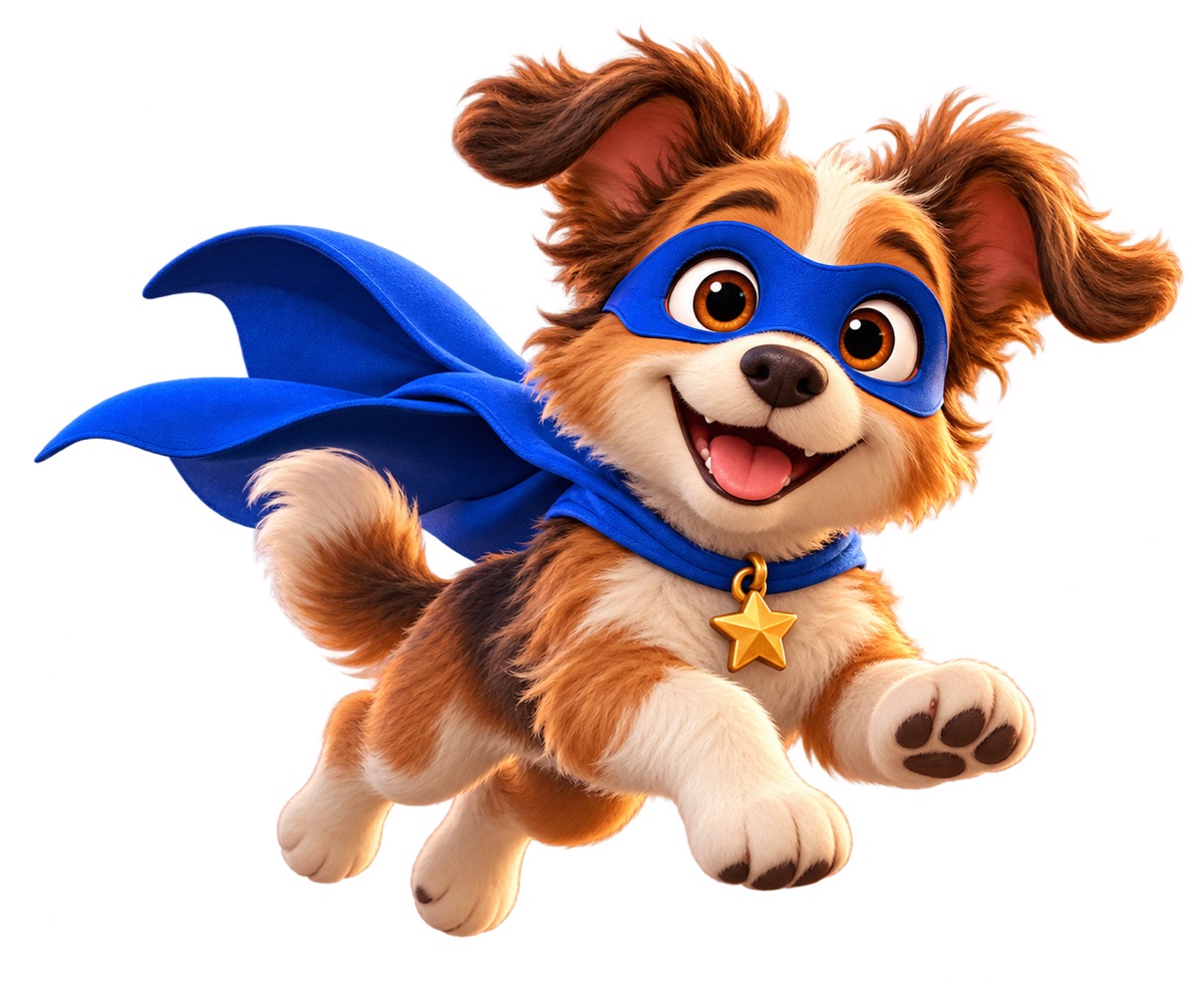 Een puppy veranderd in een vliegende superheld met een cape