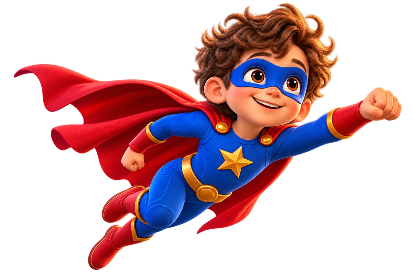 Een jongen als superheld met een rode cape vliegt met zijn puppy over een kasteel